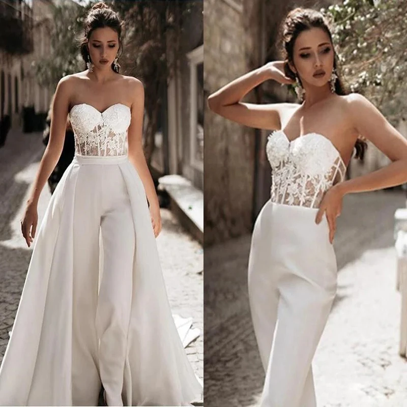

Jumpsuit Overskirt Boho Wedding Dress Elegant Satin Sweetheart PantSuit Bohemian Civil Wedding Dresses 2022 Lace vestidos