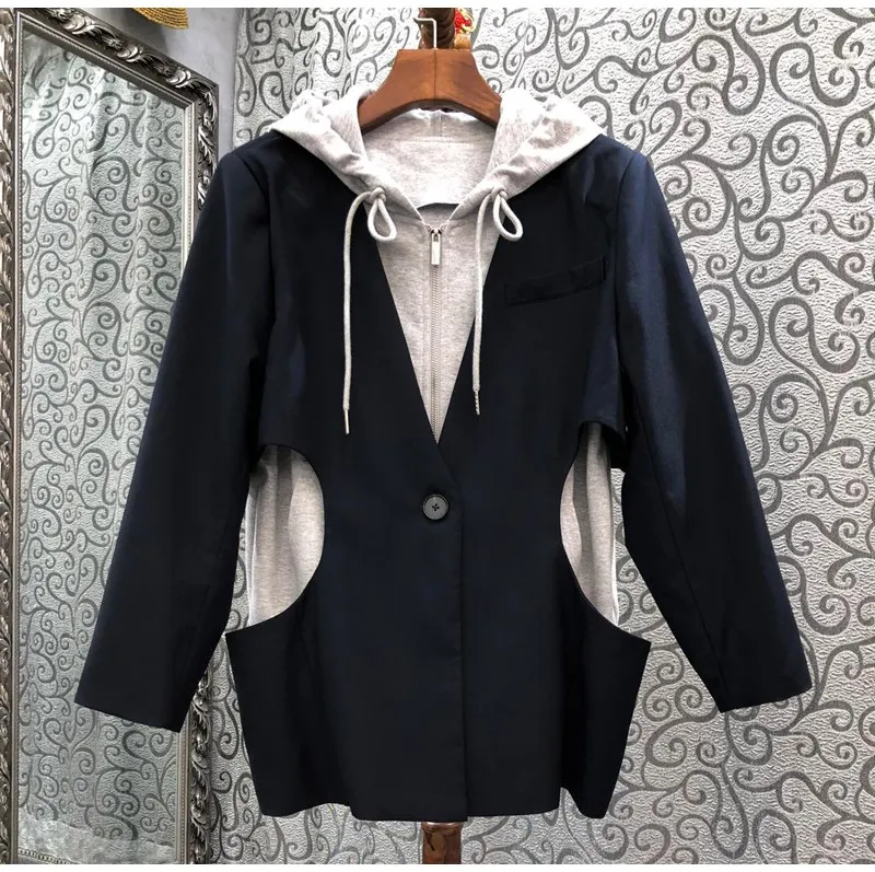 

Женское трикотажное пальто с капюшоном, повседневное хлопковое пальто с длинным рукавом, в стиле пэчворк, Осень-зима 2022