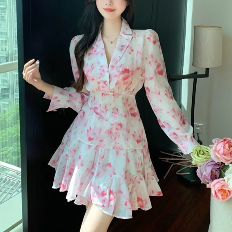 Sweet Chiffon 2 Piece Set Women Long Sleeve Shirts Tops + High Waist Skirts Sets Fashion Casual Floral Print Two Piece Suits