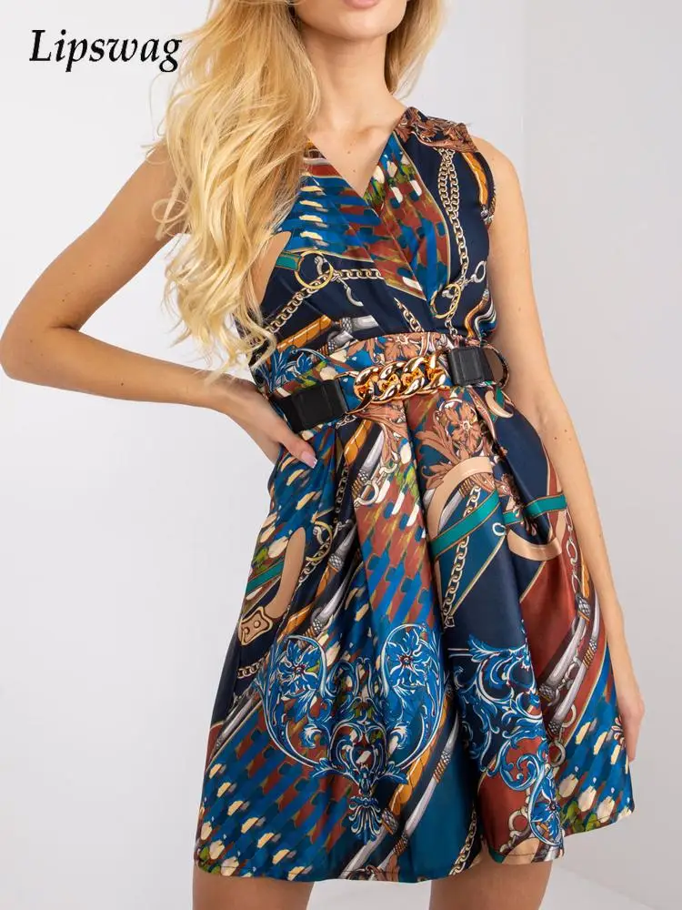 

Elegant Fashion Pattern Printed Sleeveless Seaside Beach Dresses Women 2022 Summer V-Neck Sexy Dress Ladies Fashion Loose Dress