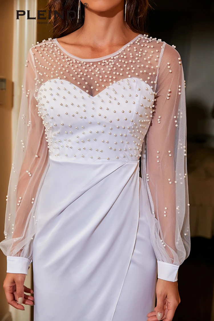 PLEINDI Luxury Evening Dresses O-Neck Ankle-Length Asymmetrical Long Sleeves Chiffon 2022 New of Lace Exquisite Prom Dress Women