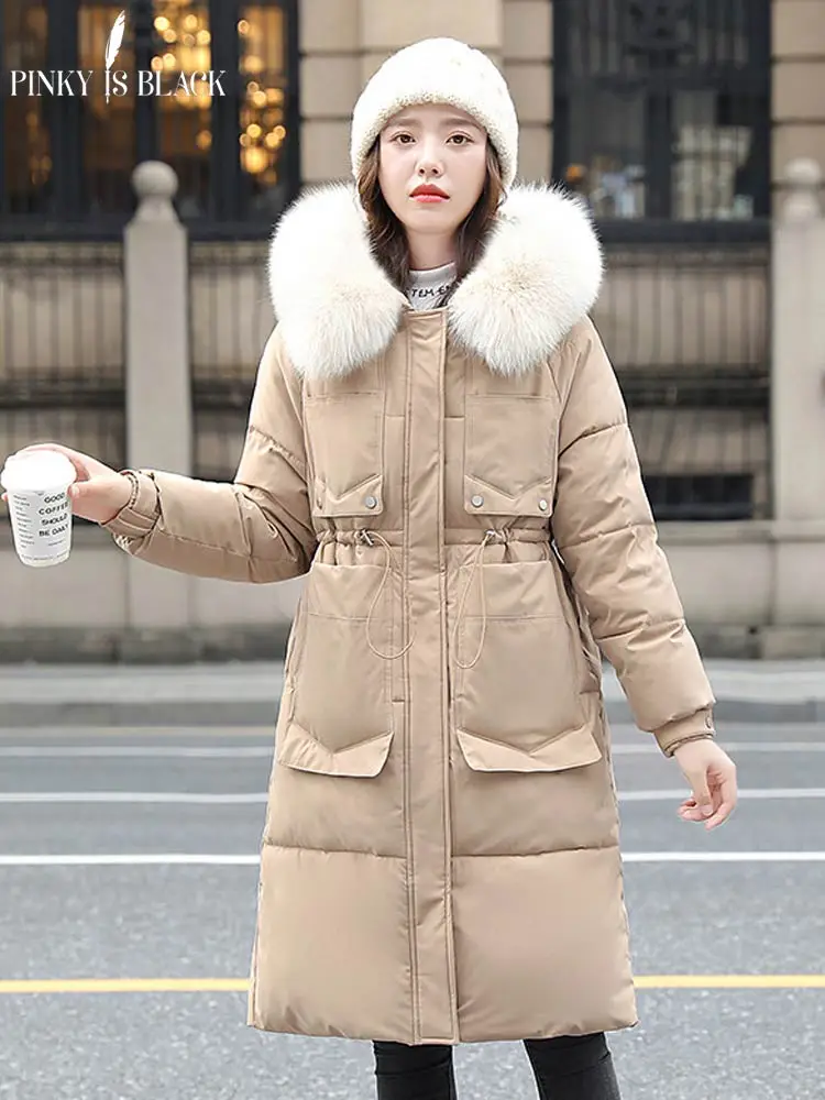 PinkyIsBlack 2022 New Winter Women's Removable Fur Jacket Drawstring Zipper Pocket Windproof Long Coat Cotton Paaded Clothing