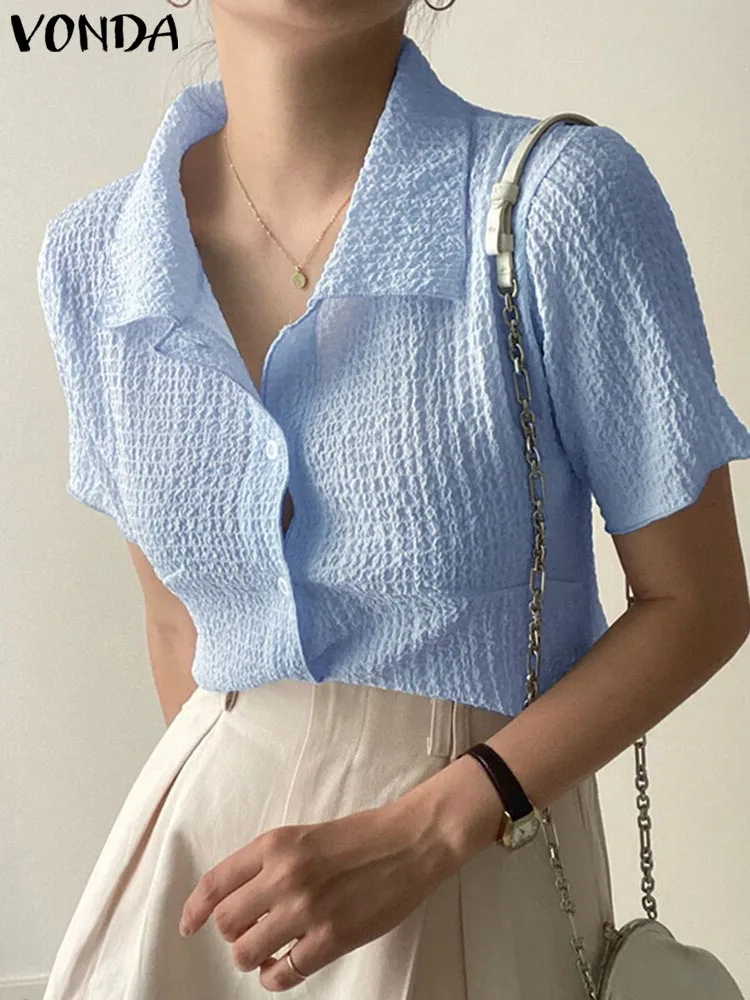 

Туника VONDA, элегантные женские рубашки 2023, богемные топы, повседневные топы с воротником с лацканами, однотонные свободные блузки, модные женские блузки