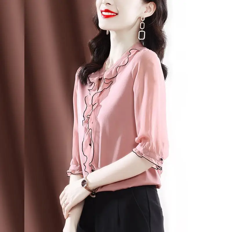 

Shirt Women's Summer New Fashion Blusas Elegantes Short Sleeve Design Satin Tops Blouses