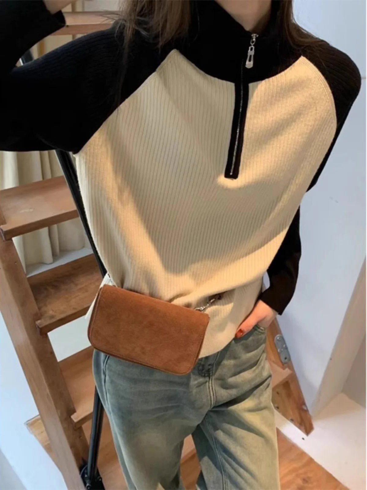 2024 Autumn and Winter Color Matching Turtleneck Half Zipper Knit Sweater Women's Commuter Versatile Slimming Bottoming Shirt...