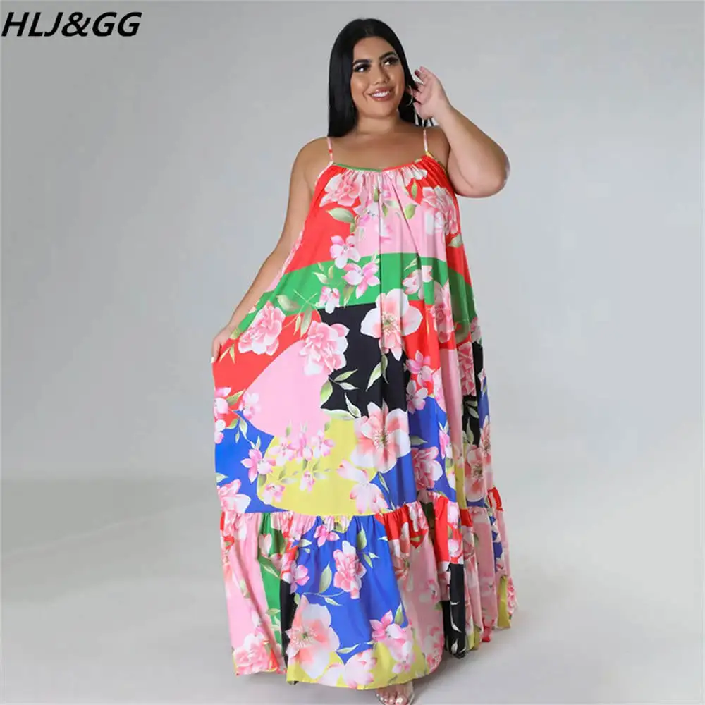 HLJ&GG Casual Holiday Flower Print Suspender Dress Plus Size Women Clothes XL-5XL Female Sleeve Loose Robe Vestidos Dropshipping