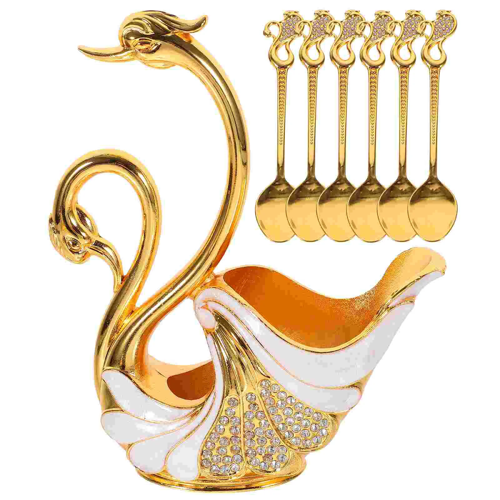 

1 Set Ice Cream Spoons with Metal Swan Molding Organizer Coffee Dessert Spoons