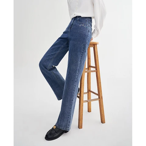 Toyouth Women Jeans 2023 Spring  Straight Long Fit Denim Pants with Pocket Embroidery Classic Casual Streetwear Trousers