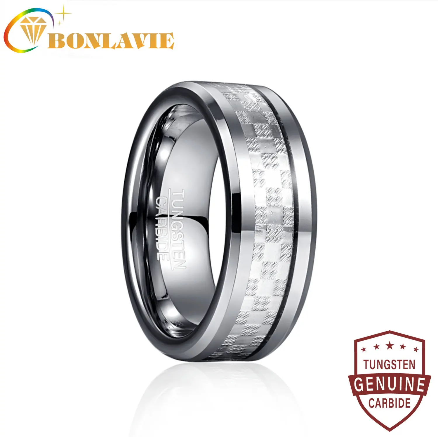 

BONLAVIE 8mm Steel Color Chamfer Inlaid with Silver Checkered Metal Sheet Tungsten Carbide Ring Men's Fashion Wedding Jewelry