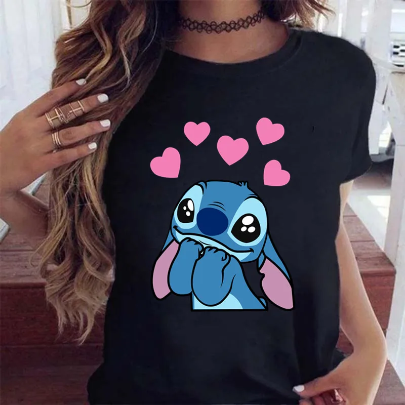 

Summer Kawaii Disney Lilo Stitch T Shirt Women Tops Cartoon Stitch Hearts Graphic Print Tees Cute Disney Anime T-shirt Female