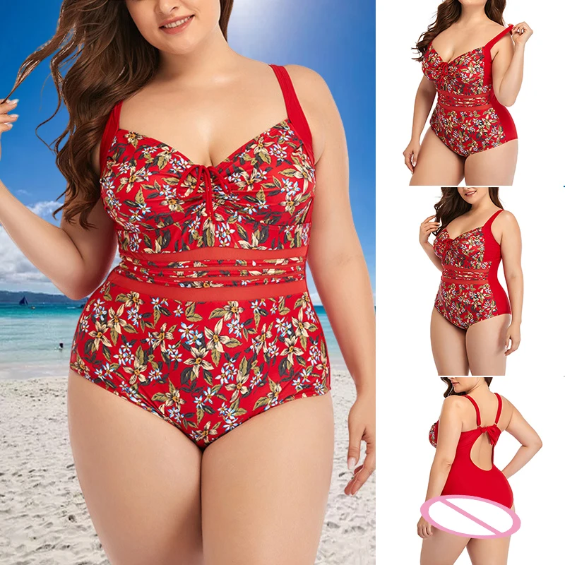 

Women Red Plus Size One Piece Swimsuits with Vintage Print V Neck Sling Bathing for Summer Beach MC889