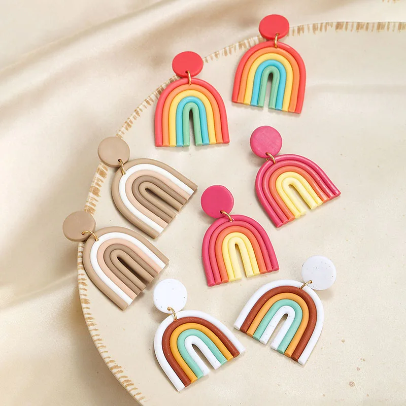 

New Hot Sale Bohomian Rainbow Colorful Polymer Clay Earrings For Women Girls Handmade Dangle Drop Earrings Fashion Jewelry
