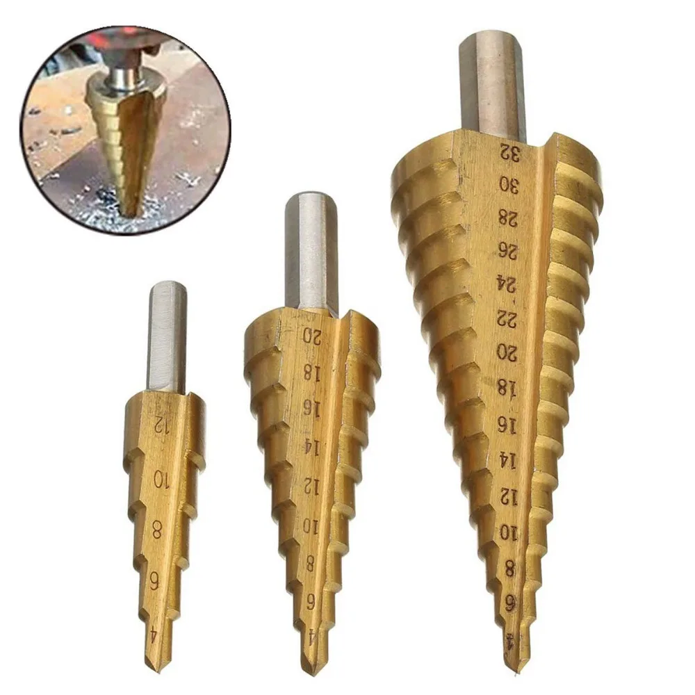 

3Pcs HSS Step Drill Bits Set, 4-12/4-20/4-32mm Hex Shank Titanium Coated Metal Titanium Metal Cone Drill Bit Tools Kit