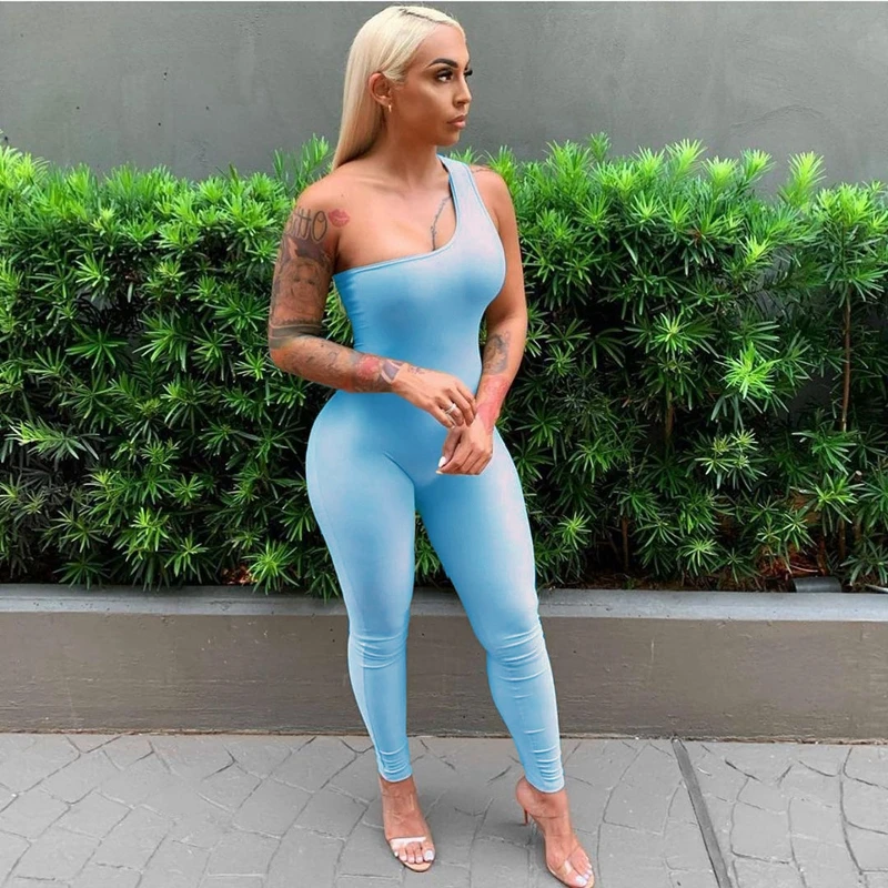 

One-Shoulder Bodycon Jumpsuits Summer Women Push Up Hip Slim Sleeveless Jumpsuits Solid Colors High Waist Casual Loog Playsuits