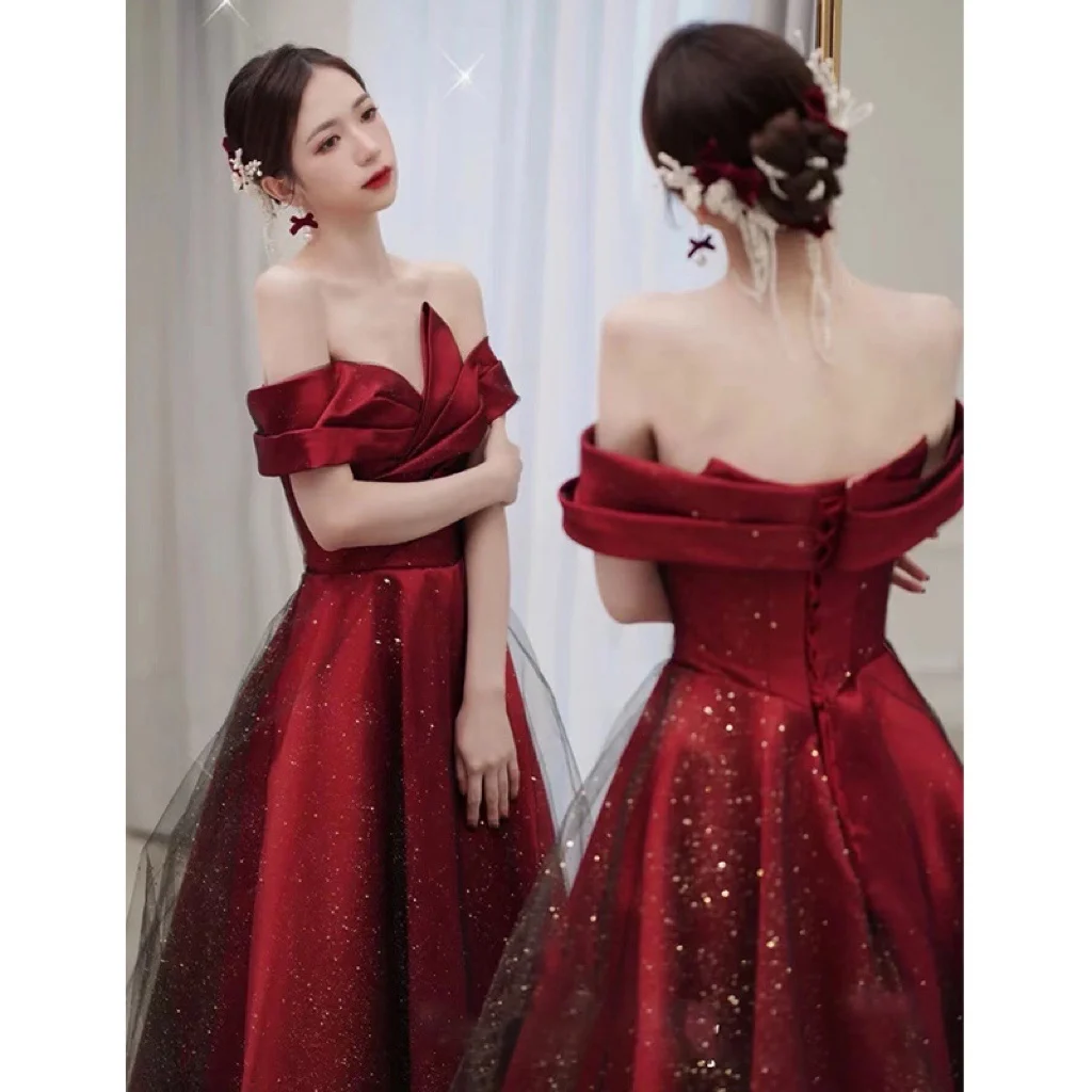 

Gorgeous Burgundy Satin Bridesmaid Dresses A Line Strapless Off The Shoulder Shiny Sequin Elegant Female Formal Long Party Gowns
