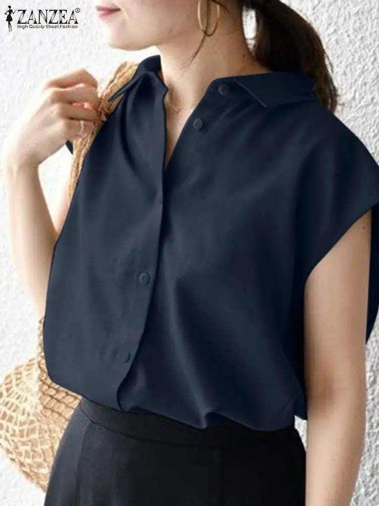 

Women Summer Blouses ZANZEA 2022 Kaftan Solid Shirts Casual Short Sleeve Blusas Female Button Split Thin Tops Chemise Oversized