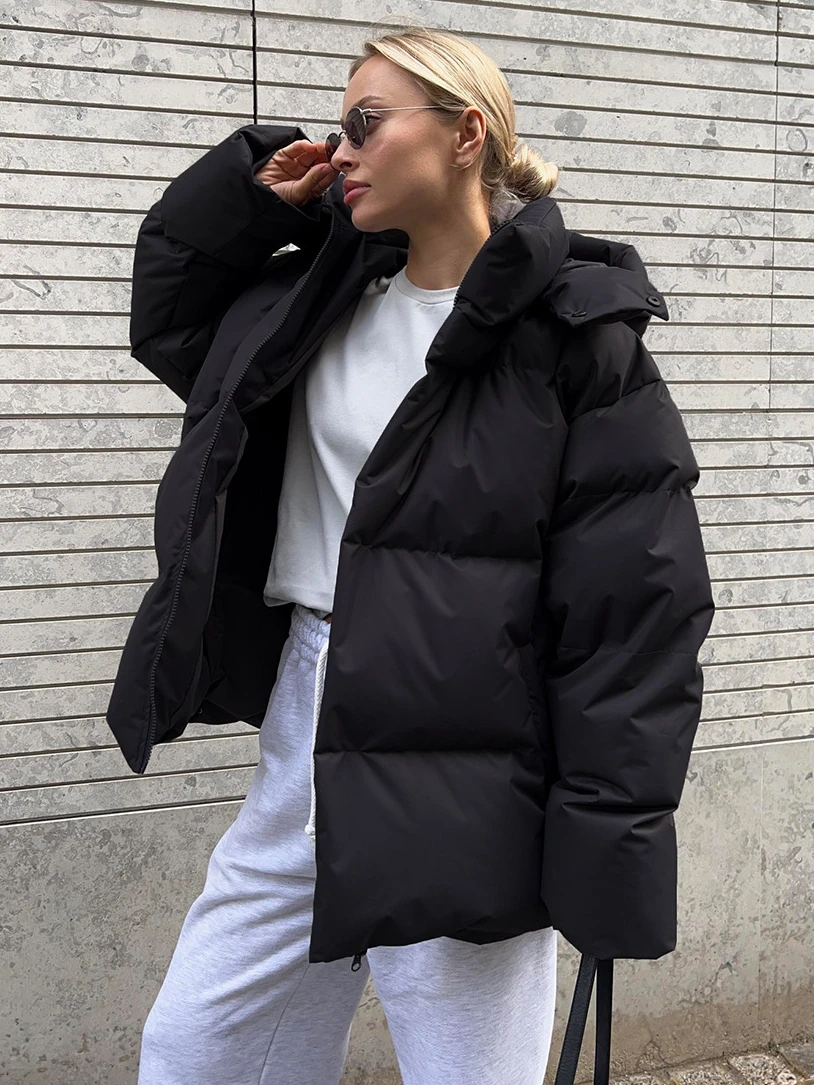 

Женская куртка с капюшоном, однотонная черная Толстая хлопковая куртка на молнии с длинным рукавом, Осень-зима 2023