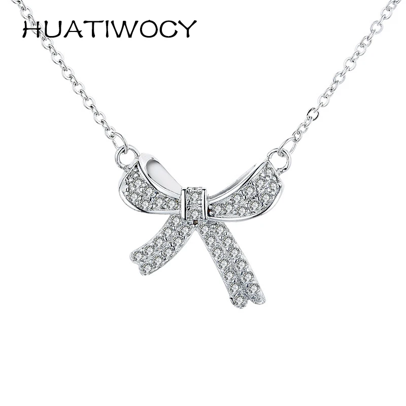 

Fashion Women Necklace 925 Silver Jewelry with Zircon Gemstone Bowknot Shape Pendant Ornaments for Wedding Party Gift Wholesale