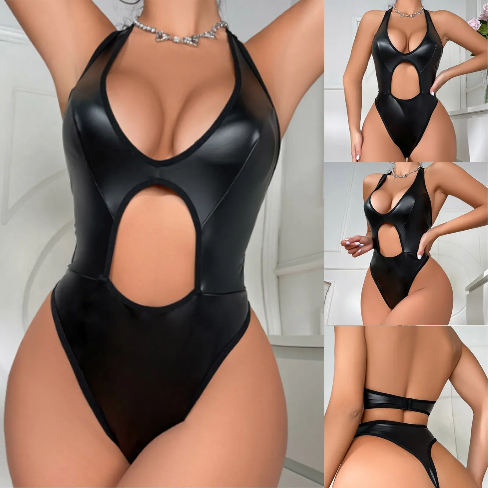 Сексуальное женское белье латексное боди бандажное облегающее из искусственной