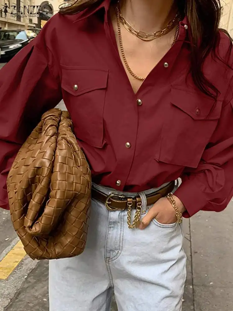

ZANZEA Vintage Puff Sleeve Shirt Autumn Lapel Neck Cargo Blouse Woman Stylish Solid Chemise Casual Party Blusas Mujer Oversized