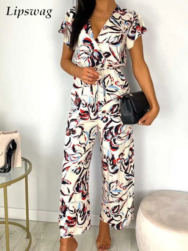 

2022 Sexy V Neck Boho Shirt Jumpsuit Fashion Lace-Up High Waist Beach Romper Women Casual Short Sleeve Ruffle Playsuit Overalls