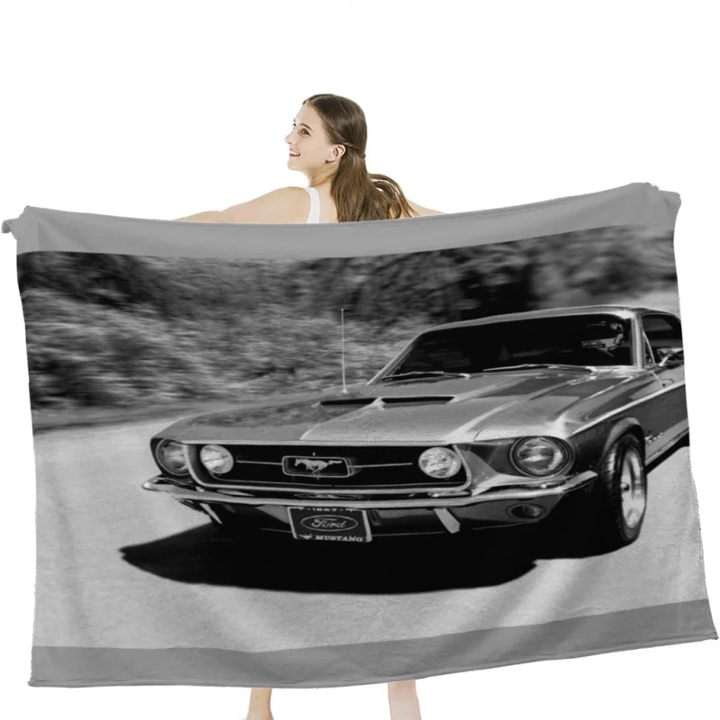 

1967 Ford Mustang B/W Throw Blankets Airplane Travel Decoration Soft Warm Bedspread