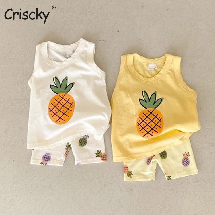 

Criscky Girls 2022 Summer Clothing Sets Fruit Printing Suit Baby Casual Sleeveless T-shirt +Shorts Kids Clothing Sets Baby