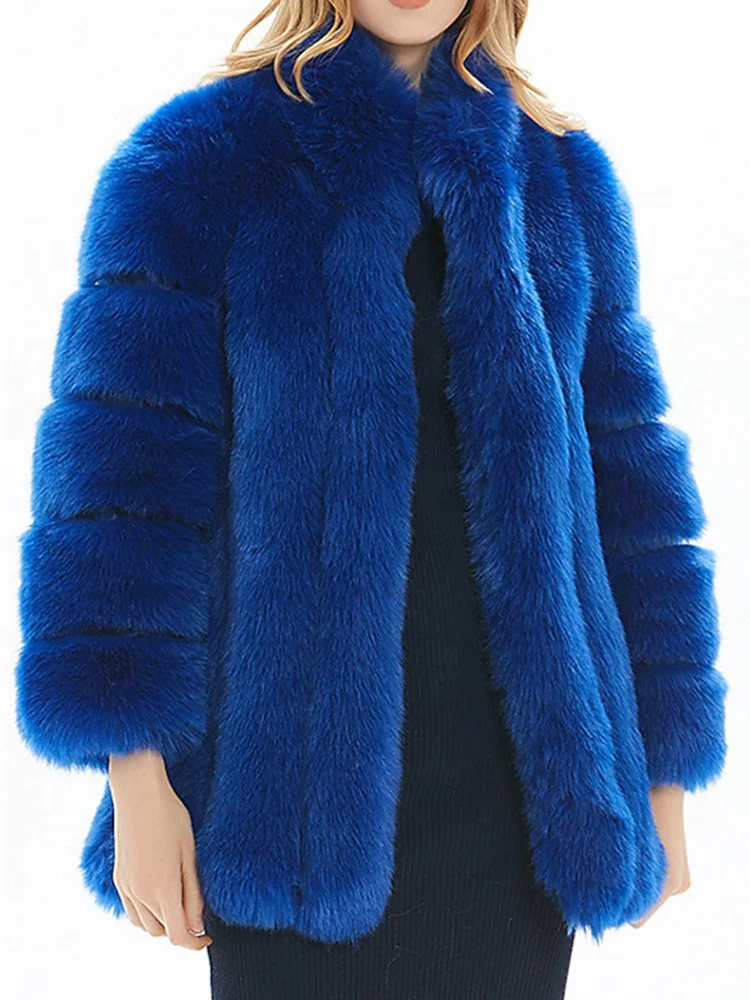 FMFSSOM Winter New Women Faux Fox Fur Coat Fashion Casual Solid V-Neck Patchwork Thick Warm Long Sleeve Faux Fur Coats