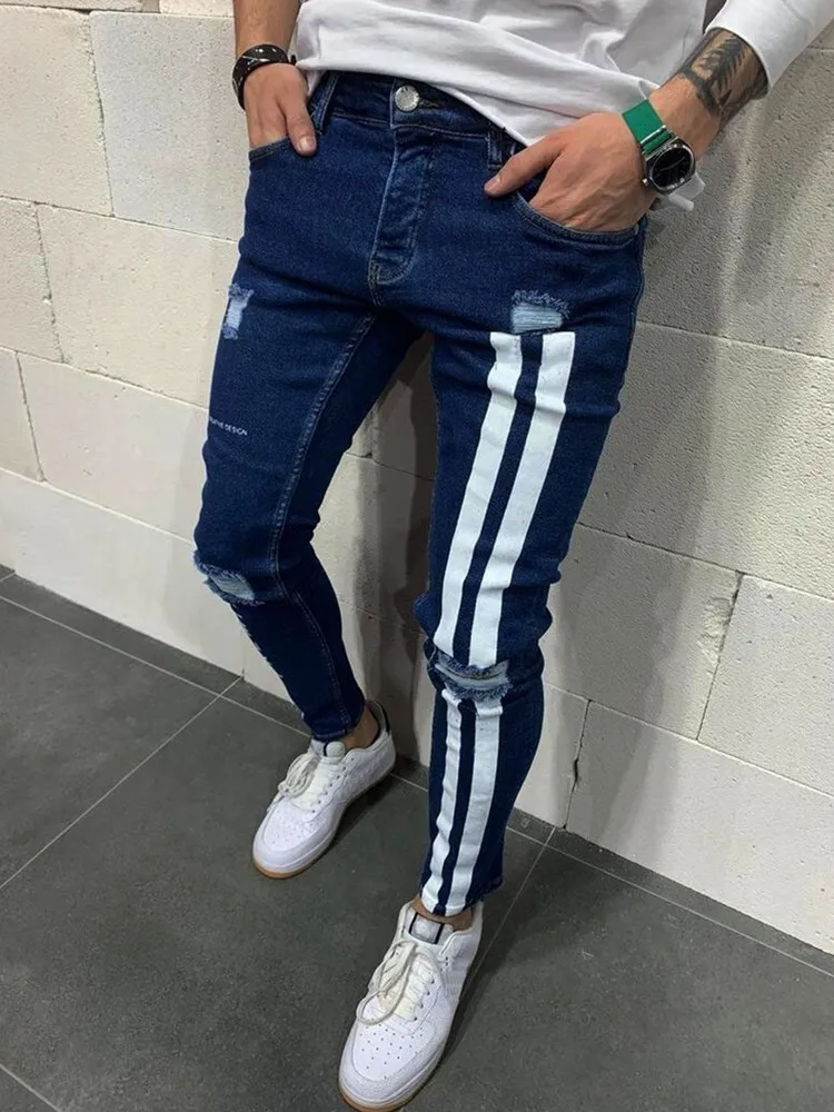 Fashion Printed Jeans Trousers Mens Streetwear Jeans Slim Fit Ripped Skinny Painted Denim Pants Stripe Jogger jeans