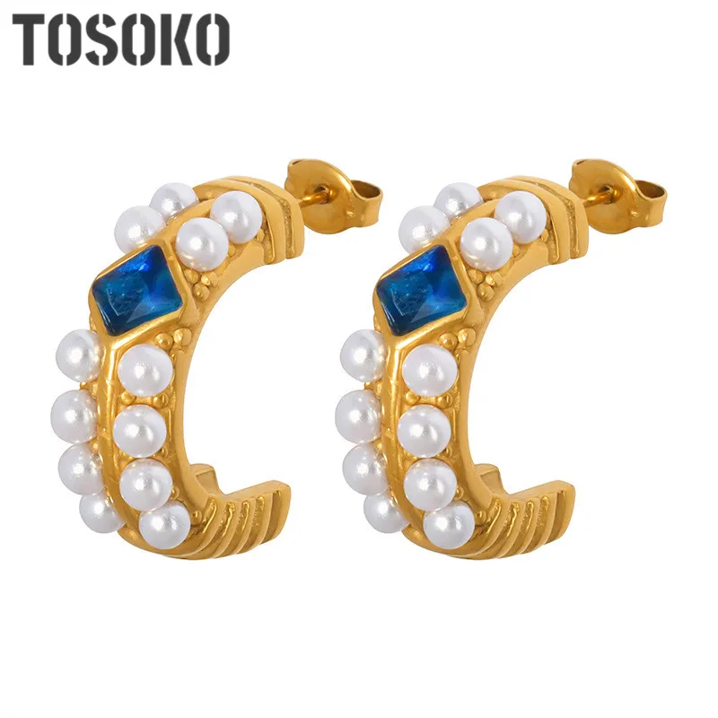 

TOSOKO Stainless Steel Jewelry Blue Zircon Pearl C-Shaped Earrings For Women's Elegant Earrings BSF774