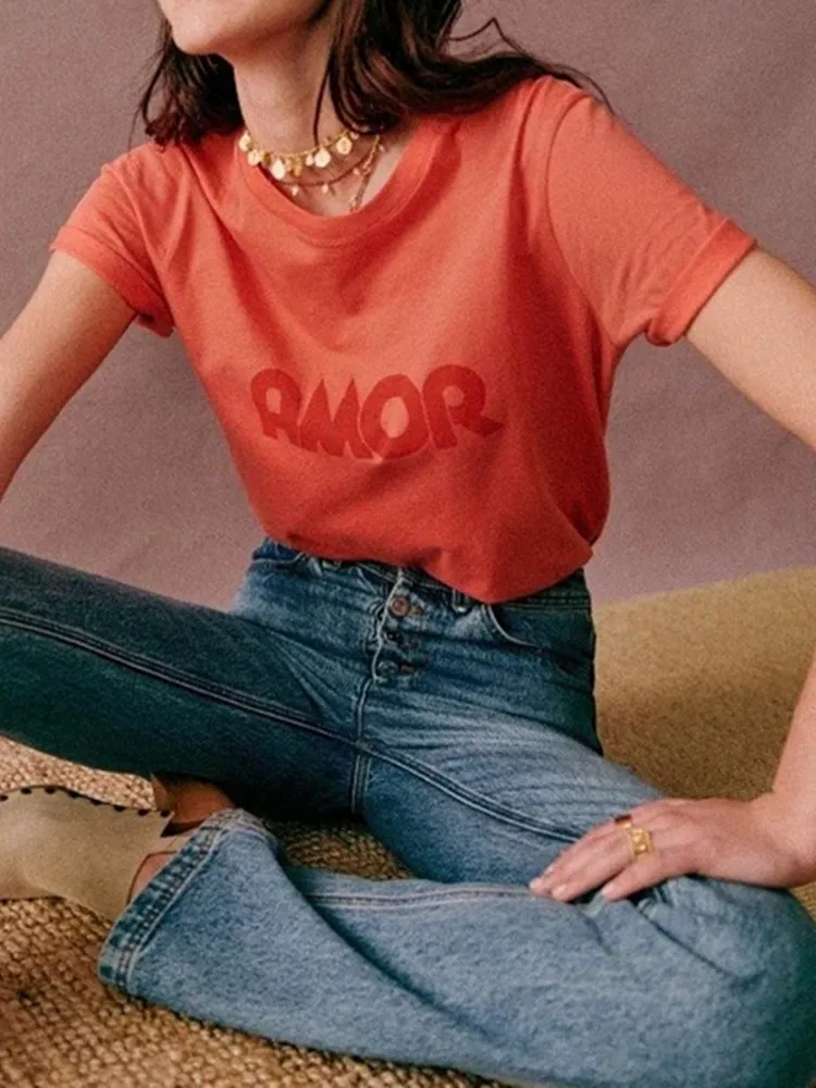 

Женская хлопковая футболка с коротким рукавом, универсальная простая футболка с принтом французских букв, лето 2022