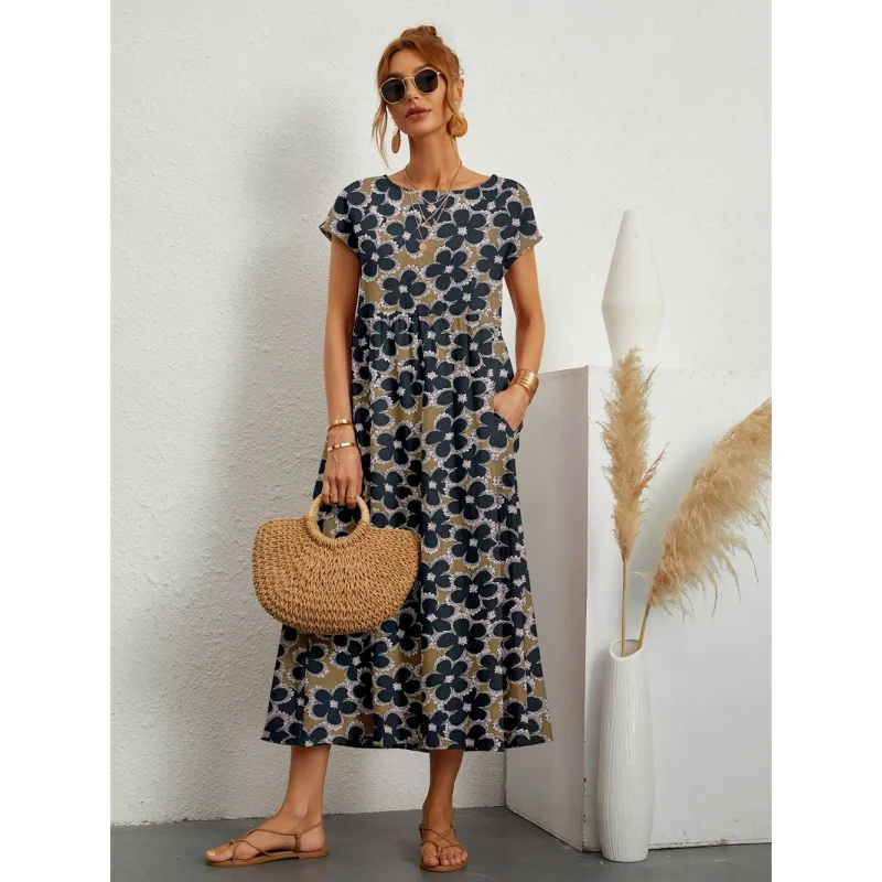 

Women Summer Casual Dresses Fashion Style Short Sleeve Print O-neck Fold with Pockets