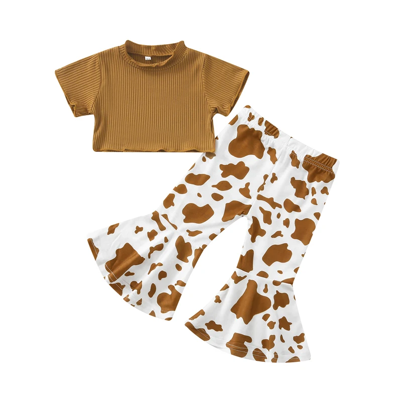 

6M-3T Toddler Girl 2Pcs Summer Short Sleeve Ribbed Knit T-shirt Tops + Cow Print Flare Pants Set Children Tracksuit Outfits