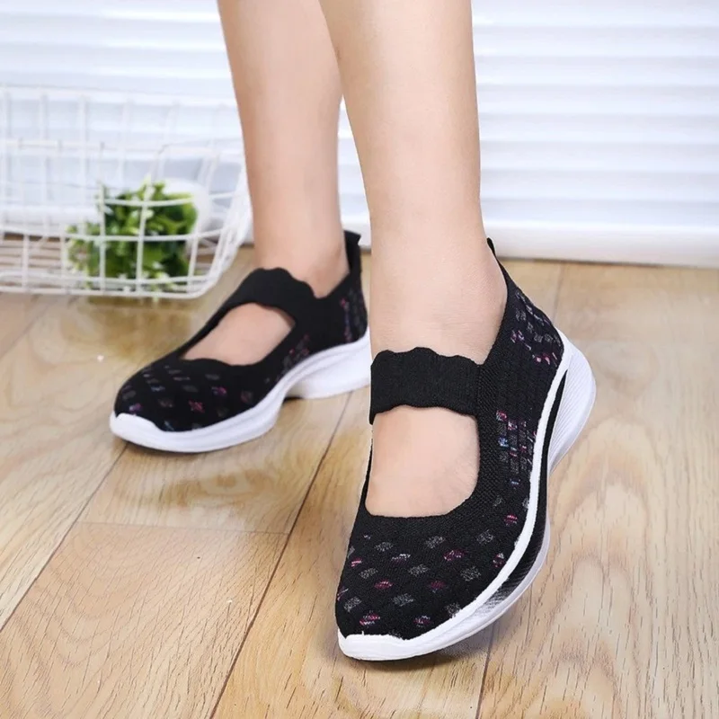 

Knit Mary Jane Red Shoes Ladies Breathable Flats Mom Cosy Elastic Band Sporty Shoes Woman Flat Wedge Loafers Driving Travel Shoe