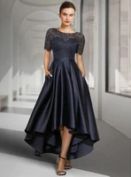 dark blue mother of the bride dress satin high low a line scoop neck lace custom plus size woman wedding guest evening gowns new