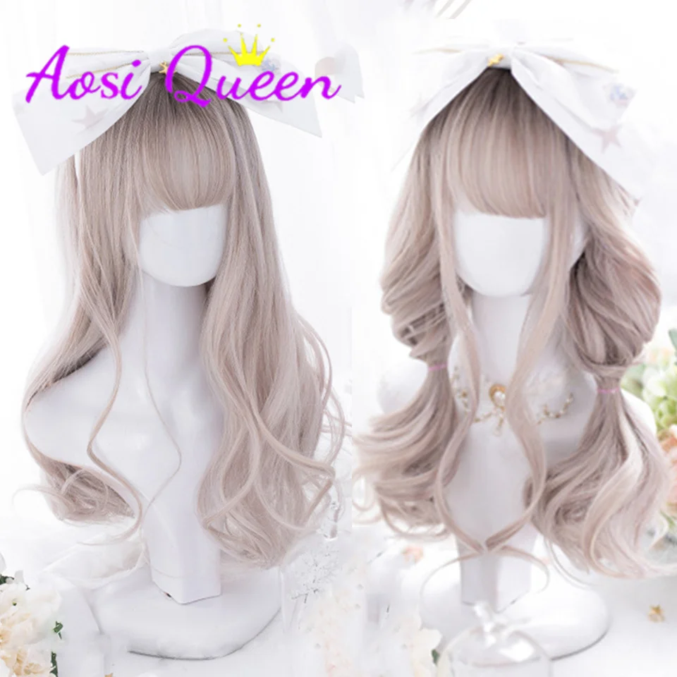 

AS long roll black gradient powder Synthetic Lolita Wigs with Bangs for Women Fashion Female Cosplay high temperature ha