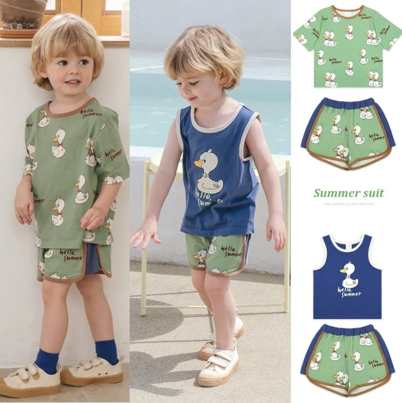 

Children's Suit 2022 Summer New Cotton Cartoon Boy T-shirt Short Sleeve Blue Vest Print Boy Shorts Sexy Kids Children's Clothing