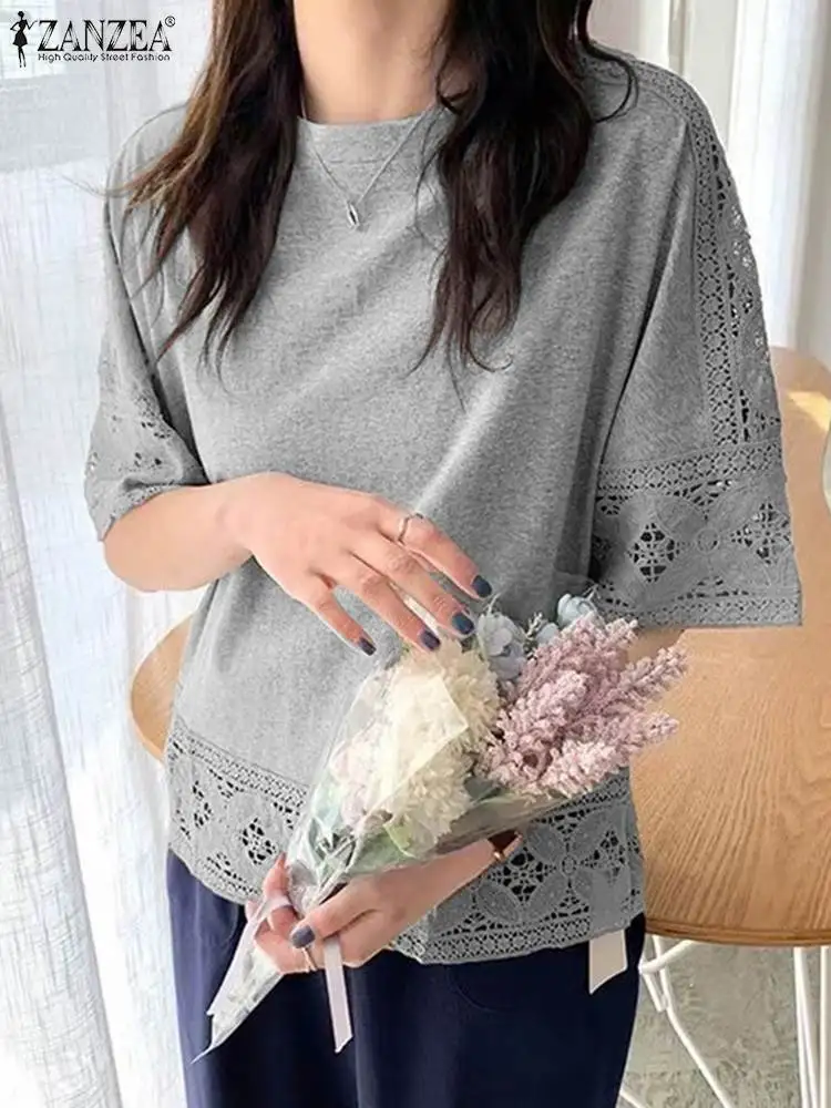 

ZANZEA Women Summer Lace Patchwork Blouse O-Neck Half Sleeve Shirt Femme Fashion Elegant Casual Loose Oversize Holiday Tops 2022