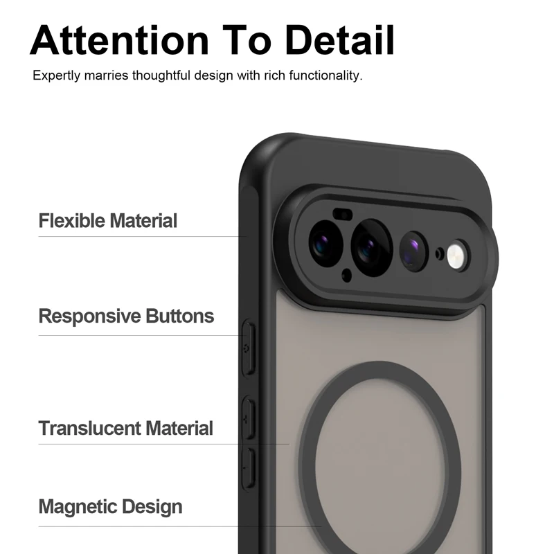 Фото Чехол для Google Pixel 11 Pro XL ELVEV, магнитный, полупрозрачный, матовый, из твердого ПК+ТПУ, приятный на ощупь, водонепроницаемый защитный чехол. №2