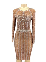 rhinestone sheath dress see through long sleeves brown bodycon dress women party prom formal dress nightclub singer stage outfit