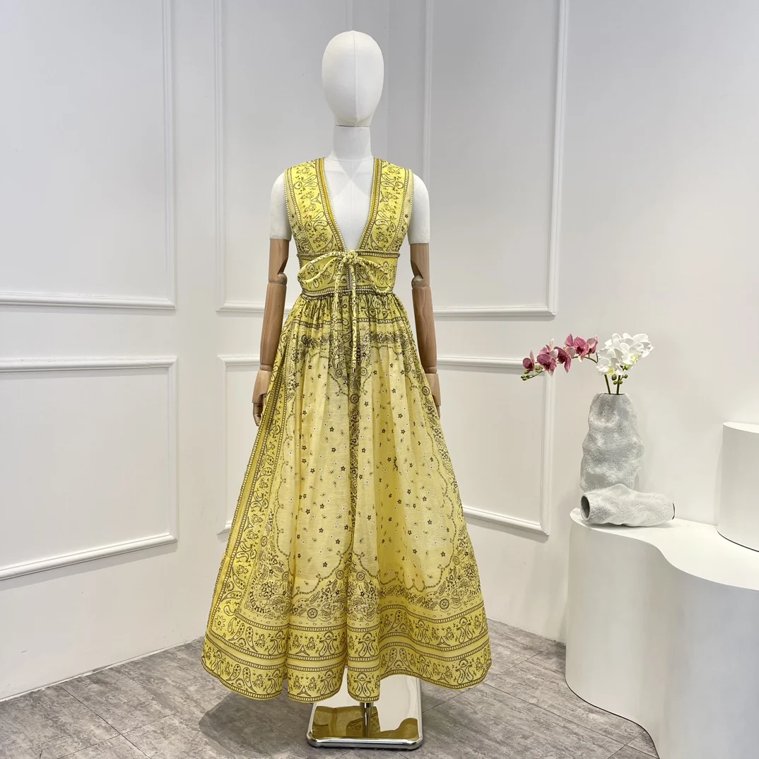 

Paisley Yellow 2023 New Summer Silk Linen High Quality Beach Style Sleeveless Lace-up Woman Midi Dress for Party