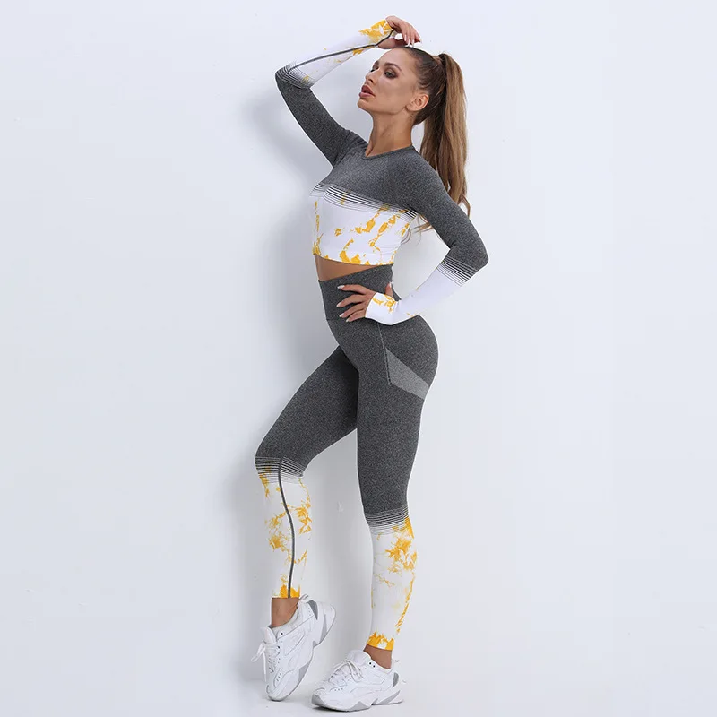 

Женская одежда для йоги Tie-dye с длинными рукавами, спортивные брюки с высокой талией, бесшовный Быстросохнущий комплект для фитнеса из двух п...