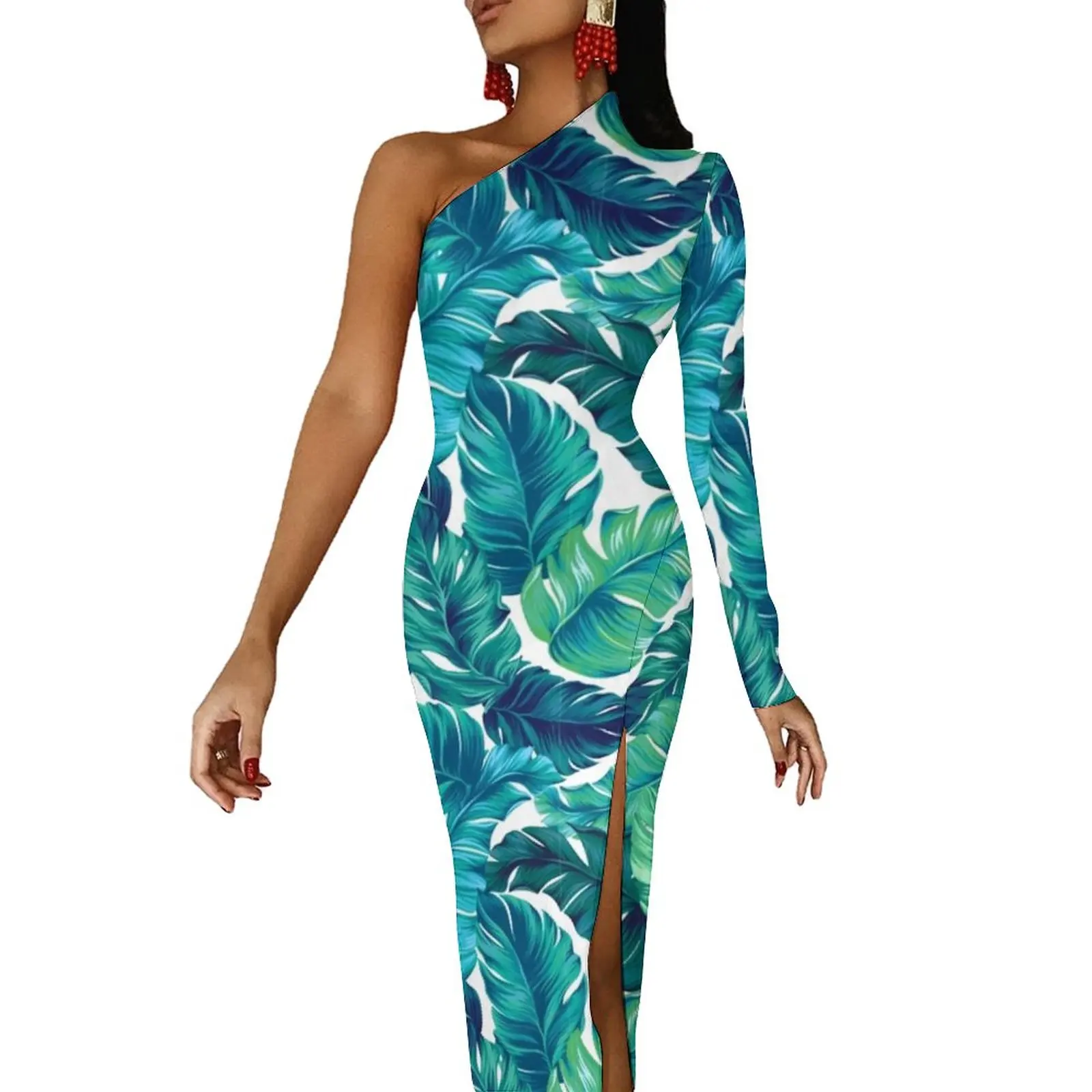 

Juicy Banana Leaves Maxi Dress One Shoulder Tropical Print Retro Bodycon Dress Autumn Street Style Long Dresses Graphic Vestido