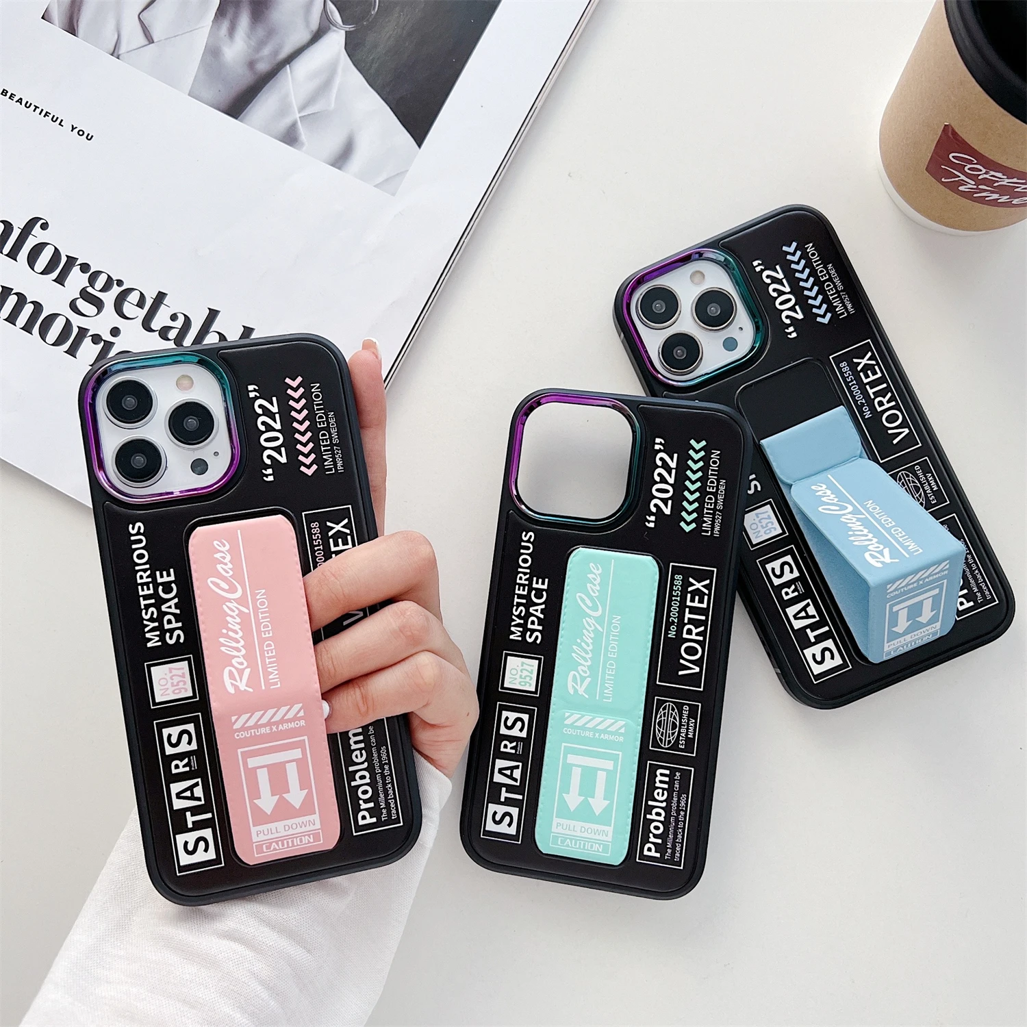 

Luxury Wrist strap holder Shockproof Phone Case for iPhone 13 12 11 Pro Max Case Colorful Metal Camera Frame PC TPU Cover Fundas