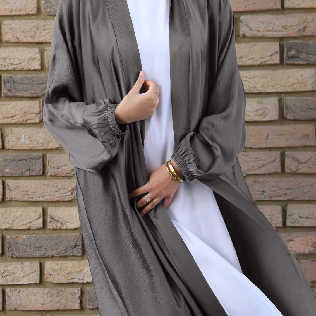 Eid Abaya Dubai Soft Puff Sleeves Muslim Dress Satin Abayas for Women Turkey Hijab Dress Islam Abayas with Belt Djellaba Femme images - 6