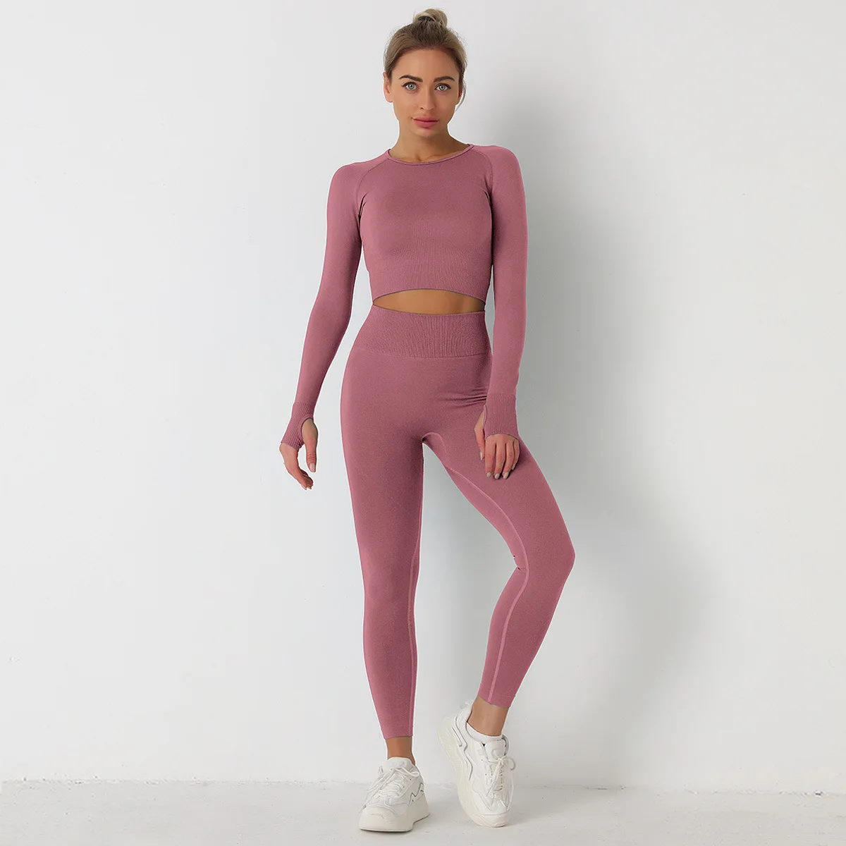 Seamless 2 Piece Gym Set Women Long Sleeve Crop Top Yoga Set Fitness Sport Leggings Workout Clothes for Women Tracksuit Outfits