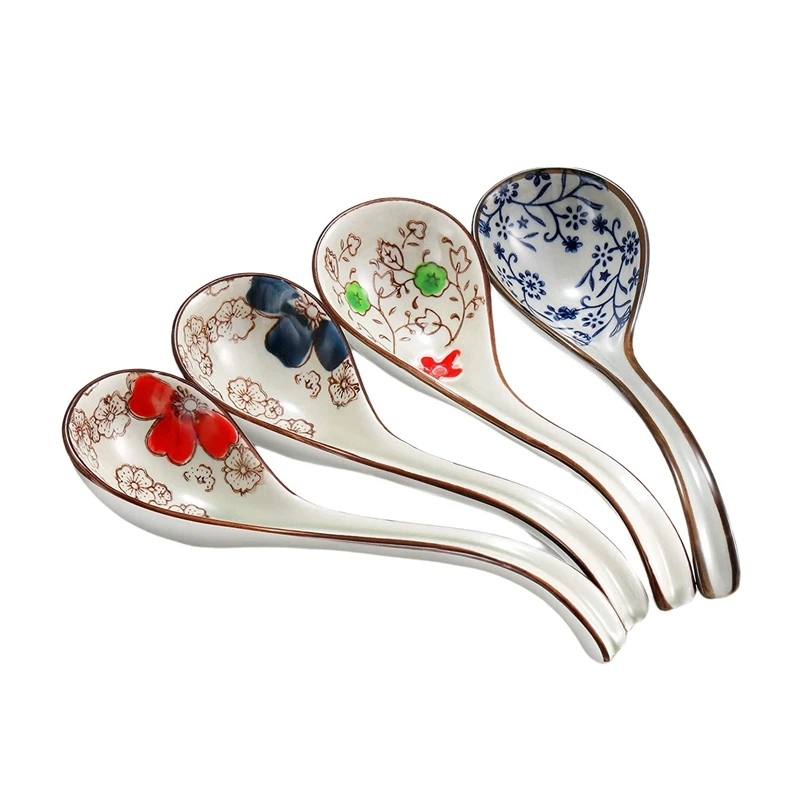 

4 Pieces Asian Retro Chinese Ceramic Rice Spoons Curved Handle Ramen Soup Spoon Painted Flower Spoons With Long Handle