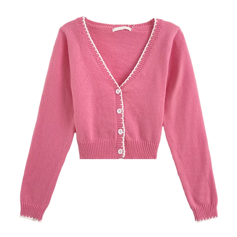 

Осенний розовый вязаный кардиган контрастных цветов с V-образным вырезом и коротким длинным рукавом