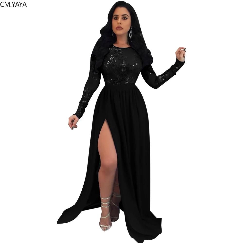 

CM.YAYA Women Long Maxi Dress Sequined Lace Perspective Full Sleeve Dress Club Night Party Sexy High Split Long Dresses Vestidos