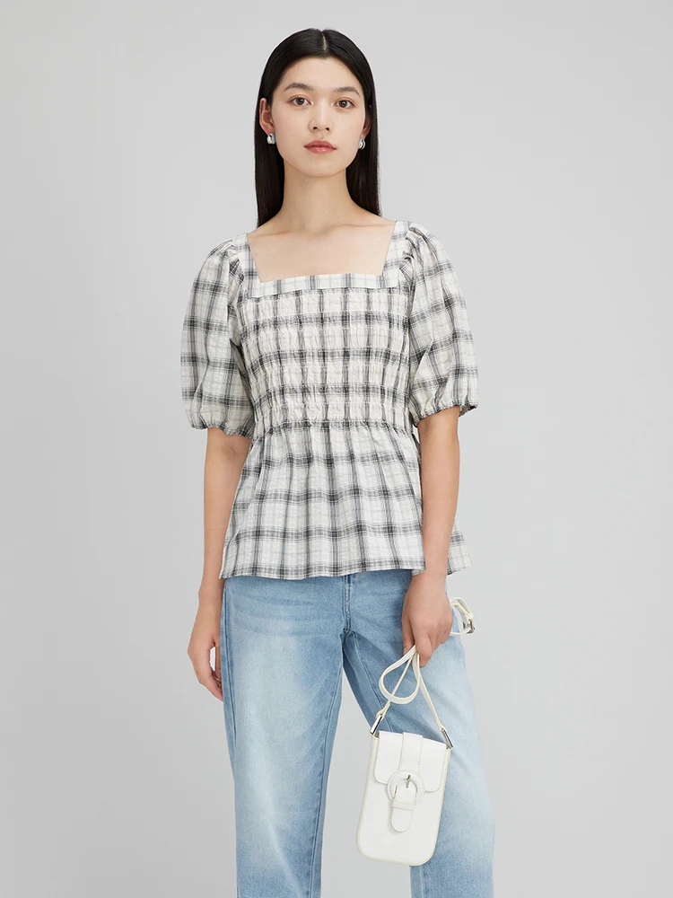 Трансляция клетчатая рубашка с объемными рукавами и квадратным воротником